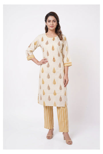 Ivory Leaf Print Kurta Set With Mustard Striped Pants