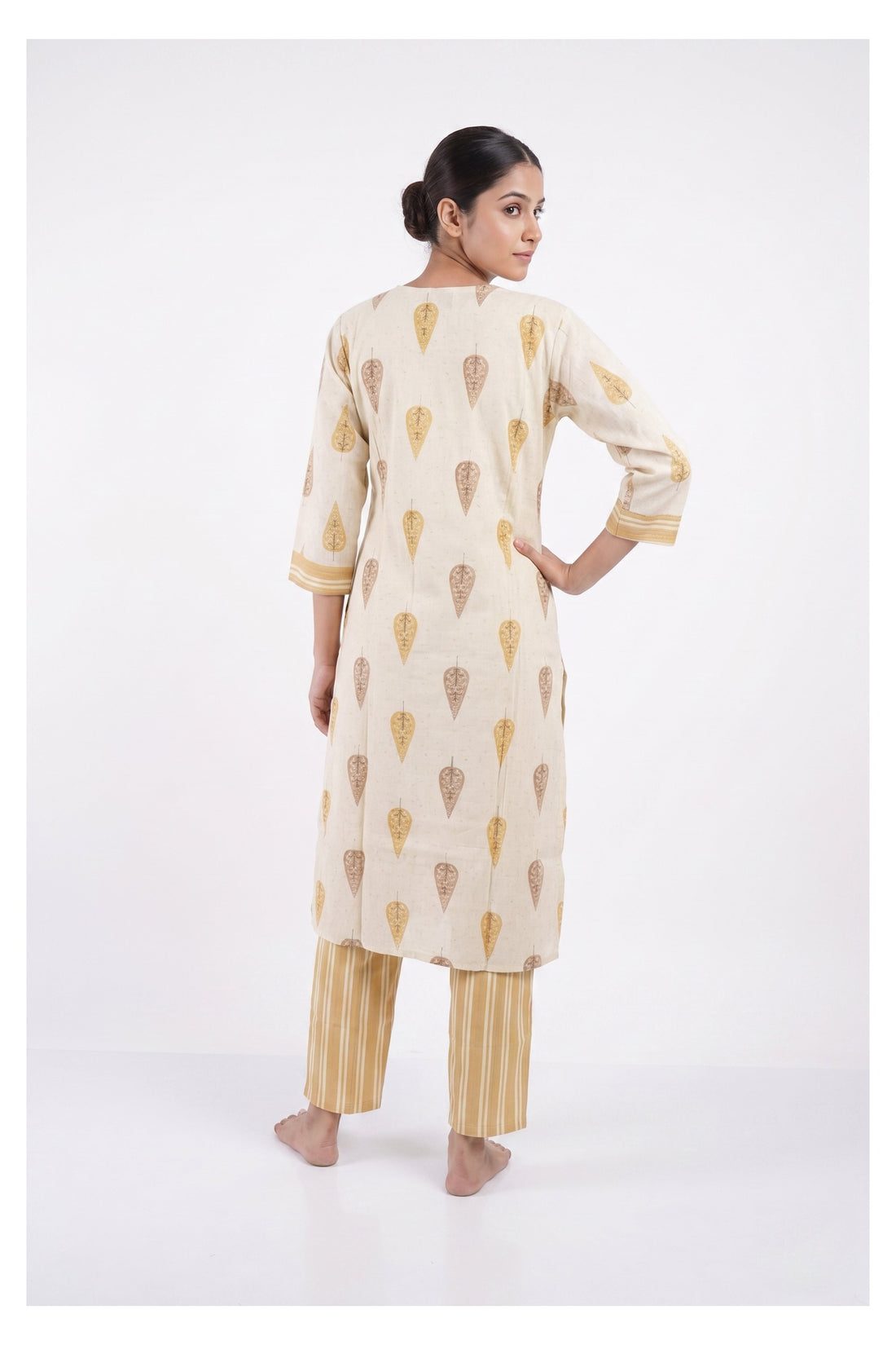 Ivory Leaf Print Kurta Set With Mustard Striped Pants