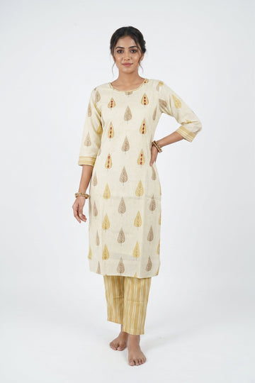 Ivory Leaf Print Kurta Pant Set