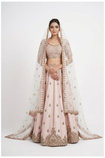 Blush Pink Embroidered Bridal Lehenga Choli With Net Dupatta