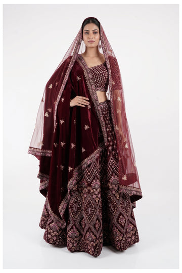 Wine Velvet Embroidered Bridal Lehenga Choli With Net Dupatta