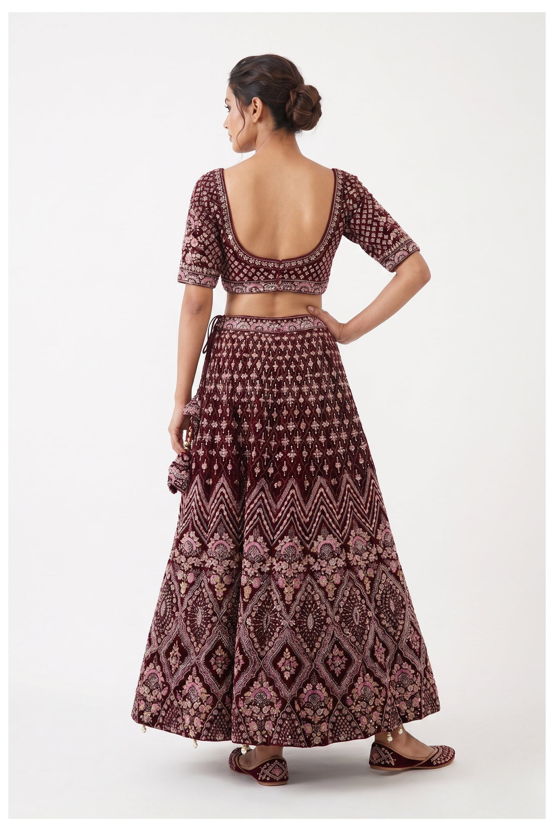 Wine Velvet Embroidered Bridal Lehenga Choli With Net Dupatta