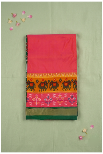 Traditional Pink Patola Silk Saree With Elephant & Floral Heritage Border