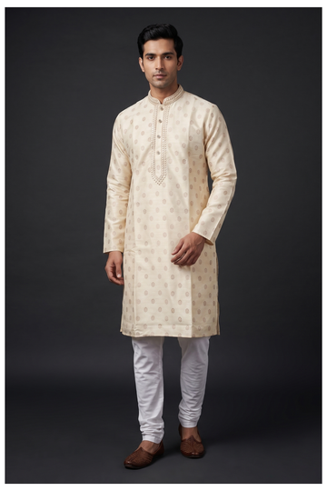 Cream Embroidered Men'S Kurta Set