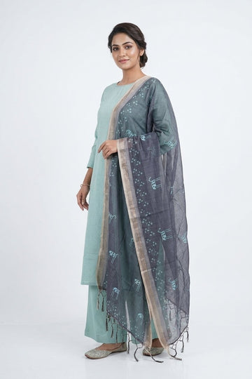 Powder Blue Ethnic Printed Suit Set With Contrast Dupatta