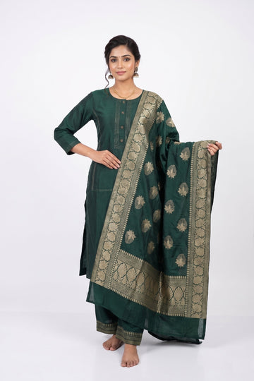Emerald Green Banarasi Inspired Kurta Set With Woven Dupatta