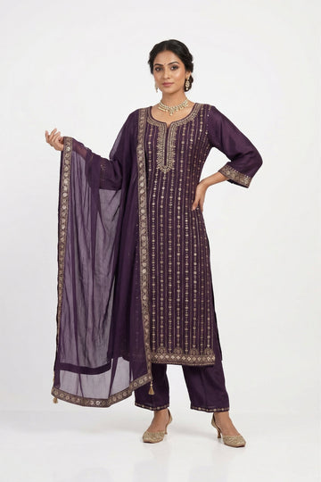 Royal Wine Embroidered Party Wear Indo-Western Set