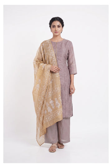 Dusty Mauve Ethnic Kurta Set With Printed Beige Dupatta