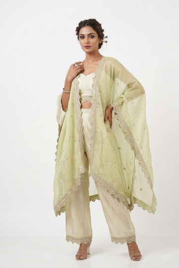 Pastel Green Silk Co-Ord Set With Embroidered Cape Dupatta