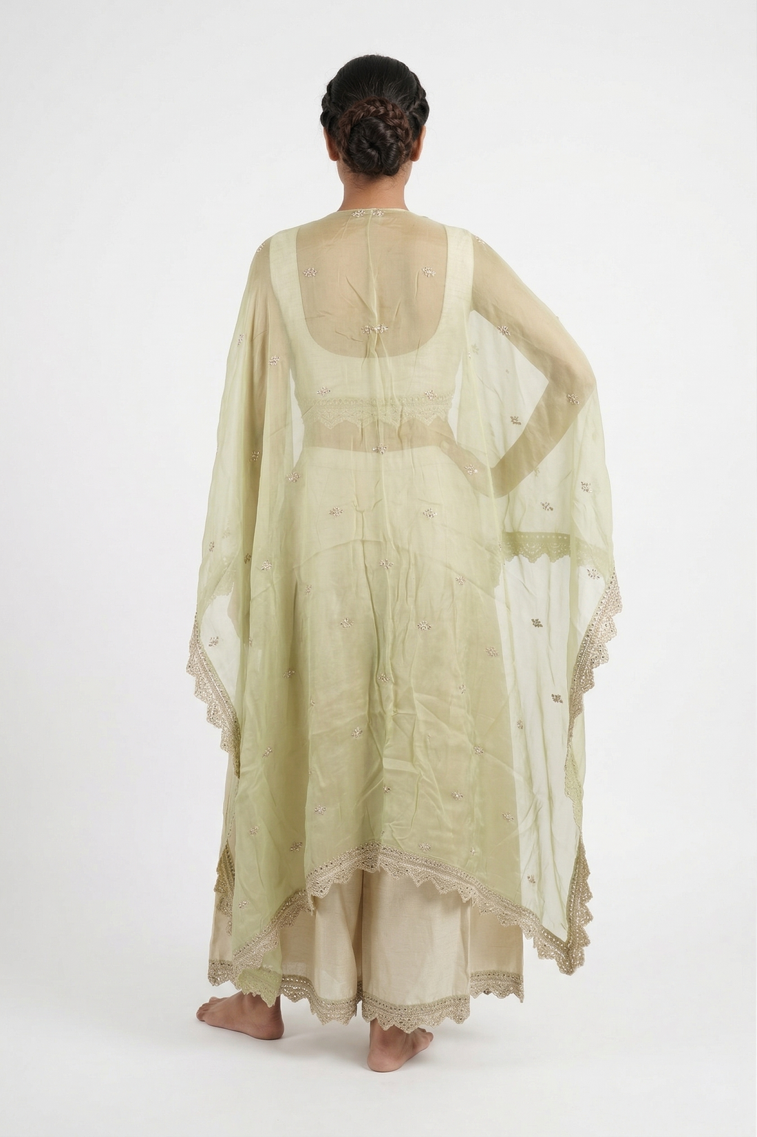 Pastel Green Silk Co-Ord Set With Embroidered Cape Dupatta