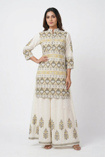 Ivory Gold Printed Kurta Palazzo Set
