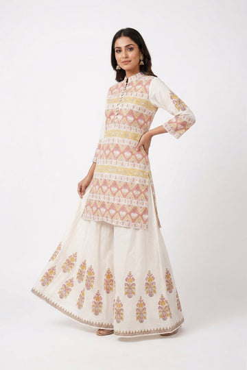 Ivory Pink Printed Kurta Palazzo Set