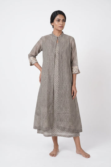Taupe Striped Layered Indo-Western Dress