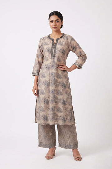 Dusty Beige Floral Printed Kurta Palazzo Co-Ord Set
