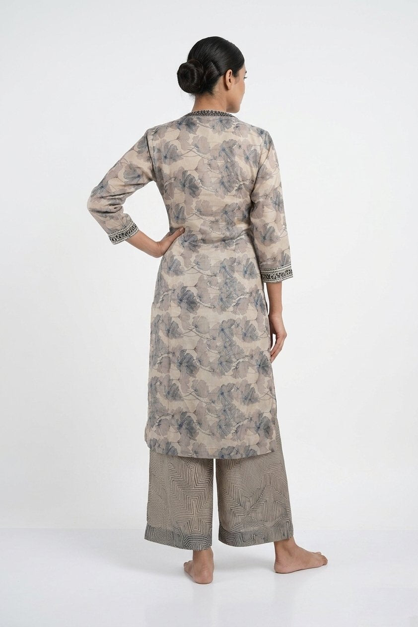 Dusty Beige Floral Printed Kurta Palazzo Co-Ord Set