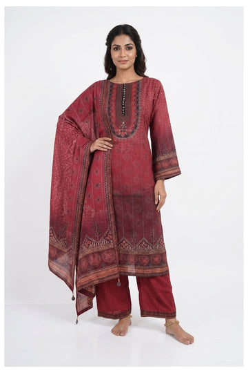 Royal Maroon Ethnic Printed Party Wear Suit Set
