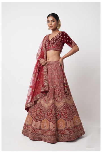 Red Embroidered Bridal Lehenga Choli With Net Dupatta
