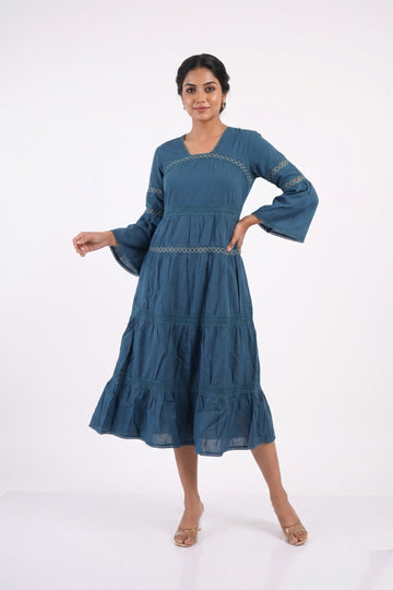 Ocean Blue Tiered Cotton Midi Dress