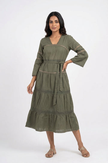Olive Green Tiered Midi Dress
