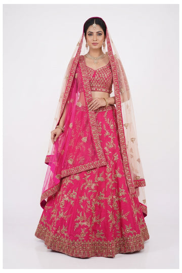 Hot Pink Embroidered Bridal Lehenga Choli With Net Dupatta
