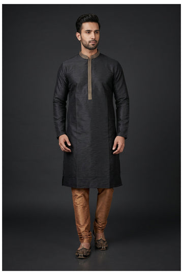 Charcoal Grey Striped Men'S Kurta Set