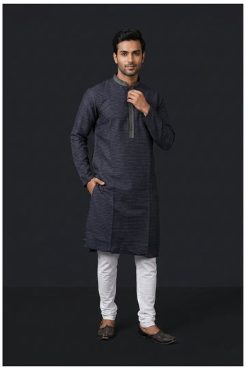 Charcoal Grey Textured Stripe Men’S Kurta