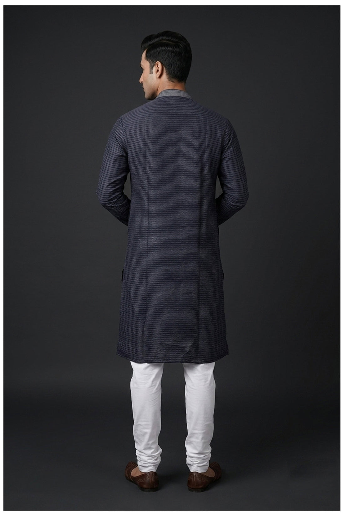 Charcoal Grey Textured Stripe Men’S Kurta