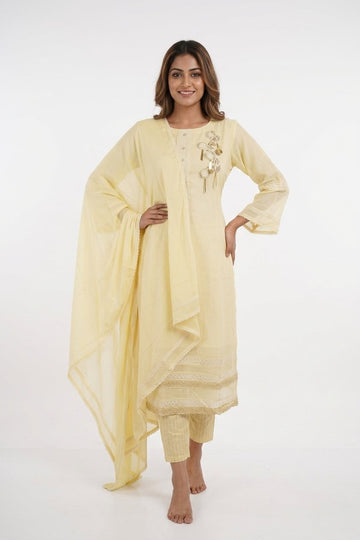 Butter Yellow Embroidered Kurta Pant Dupatta Set