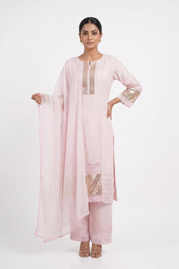 Blush Pink Sequin Embellished Kurta Palazzo Dupatta Set