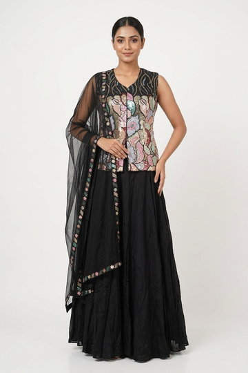 Black Multicolor Embroidered Top With Flared Skirt & Net Dupatta Set