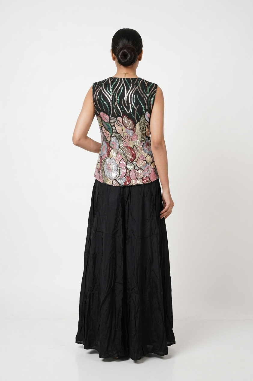 Black Multicolor Embroidered Top With Flared Skirt & Net Dupatta Set
