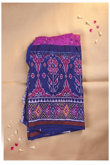 Elegant Deep Blue And Magenta Ikat Silk Saree With Bandhani Border Detail