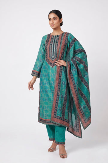 Turquoise Heritage Printed Kurta Set With Designer Dupatta