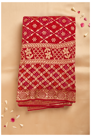 Elegant Red Bandhani Saree With Rich Gold Zari Border