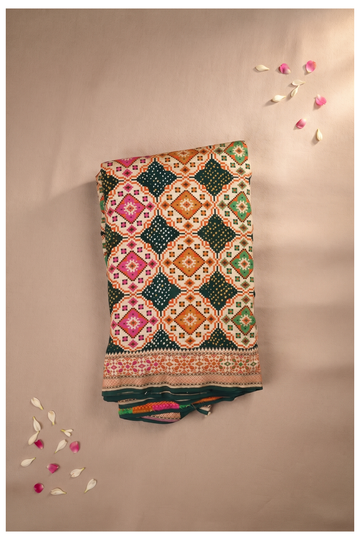Elegant Multicolor Patola Print Silk Saree With Geometric Bandhani Motifs