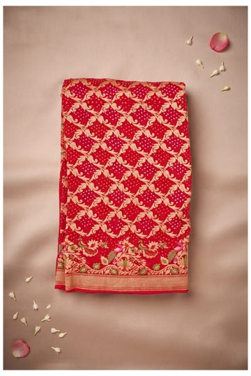 Elegant Red Banarasi Bandhani Saree With Zari Jaal And Peacock Border