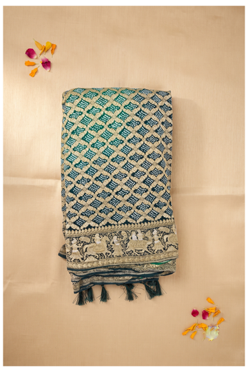 Elegant Emerald Green Banarasi Georgette Bandhani Saree With Royal Zari Procession Border