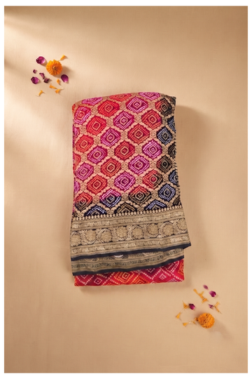 Elegant Multicolor Bandhani Silk Saree With Banarasi Zari Border