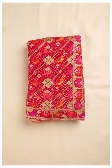 Elegant Red Silk Blend Patola Saree With Traditional Elephant And Bird Motifs