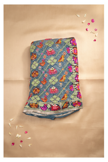 Teal Blue Patola Silk Saree With Traditional Elephant And Bird Motifs