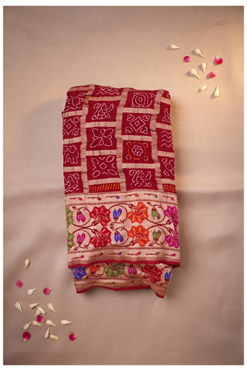 Elegant Maroon Gaji Silk Bandhani Saree With Multi-Color Woven Floral Border