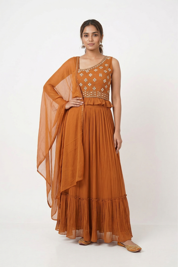 Rust Brown Mirror Work Georgette Lehenga Set With Dupatta