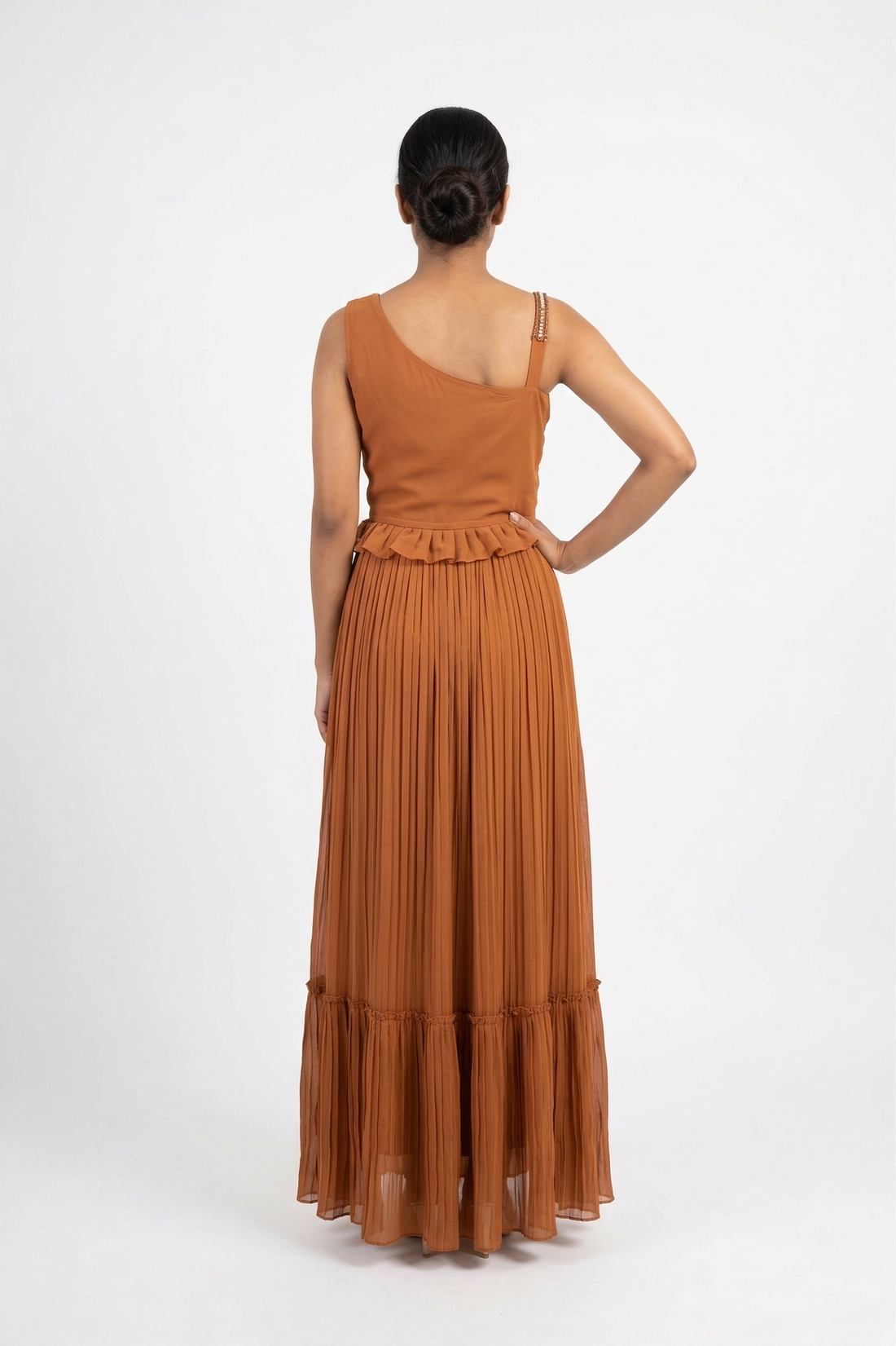 Rust Brown Mirror Work Georgette Lehenga Set With Dupatta