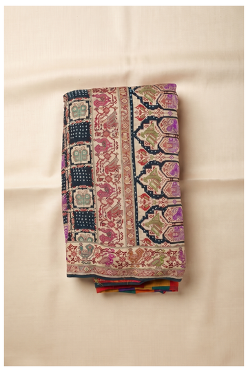 Elegant Beige Multicolored Patola Silk Saree With Traditional Motifs And Bandhani Design