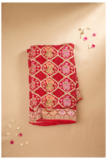 Vibrant Red Patola Silk Saree With Traditional Dancer And Diamond Motifs
