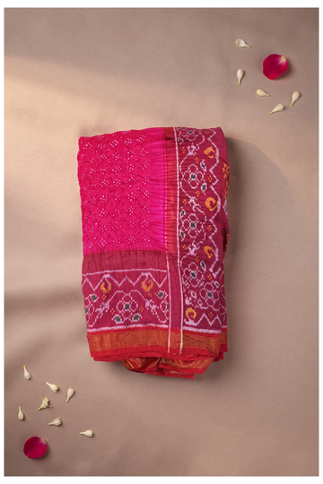 Elegant Rani Pink Gajji Silk Bandhani Saree With Traditional Patola Border