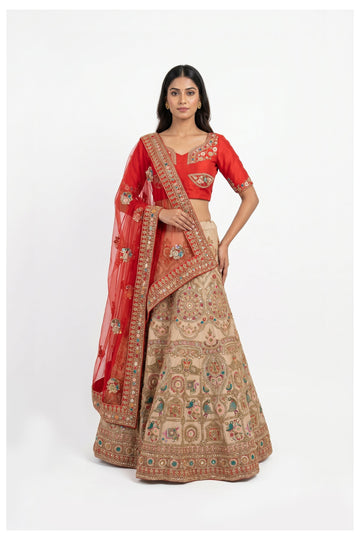 Beige Embroidered Designer Lehenga Choli With Net Dupatta