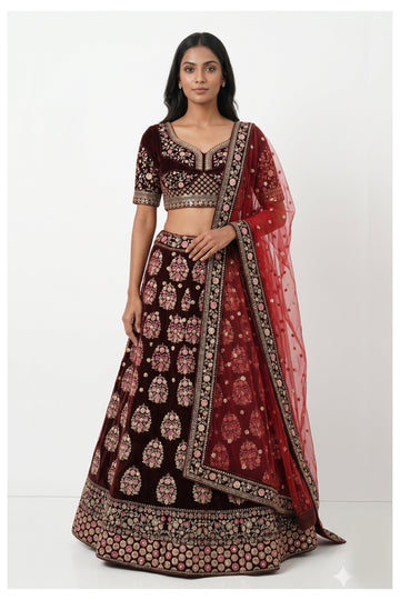Wine Velvet Embroidered Lehenga Choli With Net Dupatta