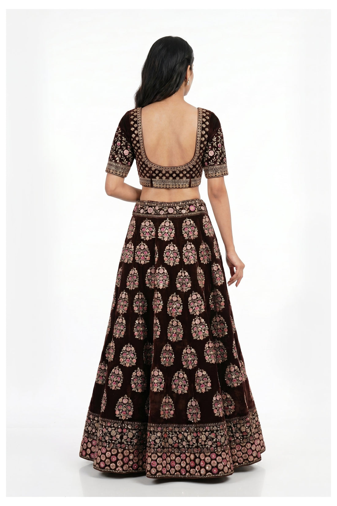 Wine Velvet Embroidered Lehenga Choli With Net Dupatta
