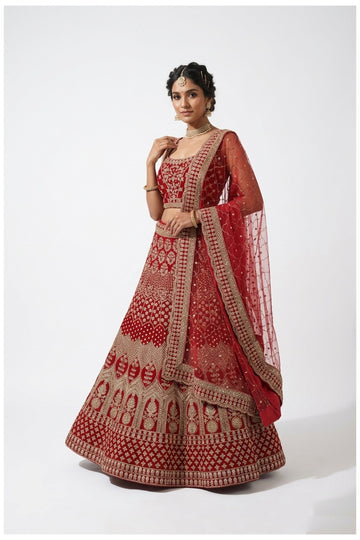 Designer Red Bridal Lehenga Choli With Net Dupatta